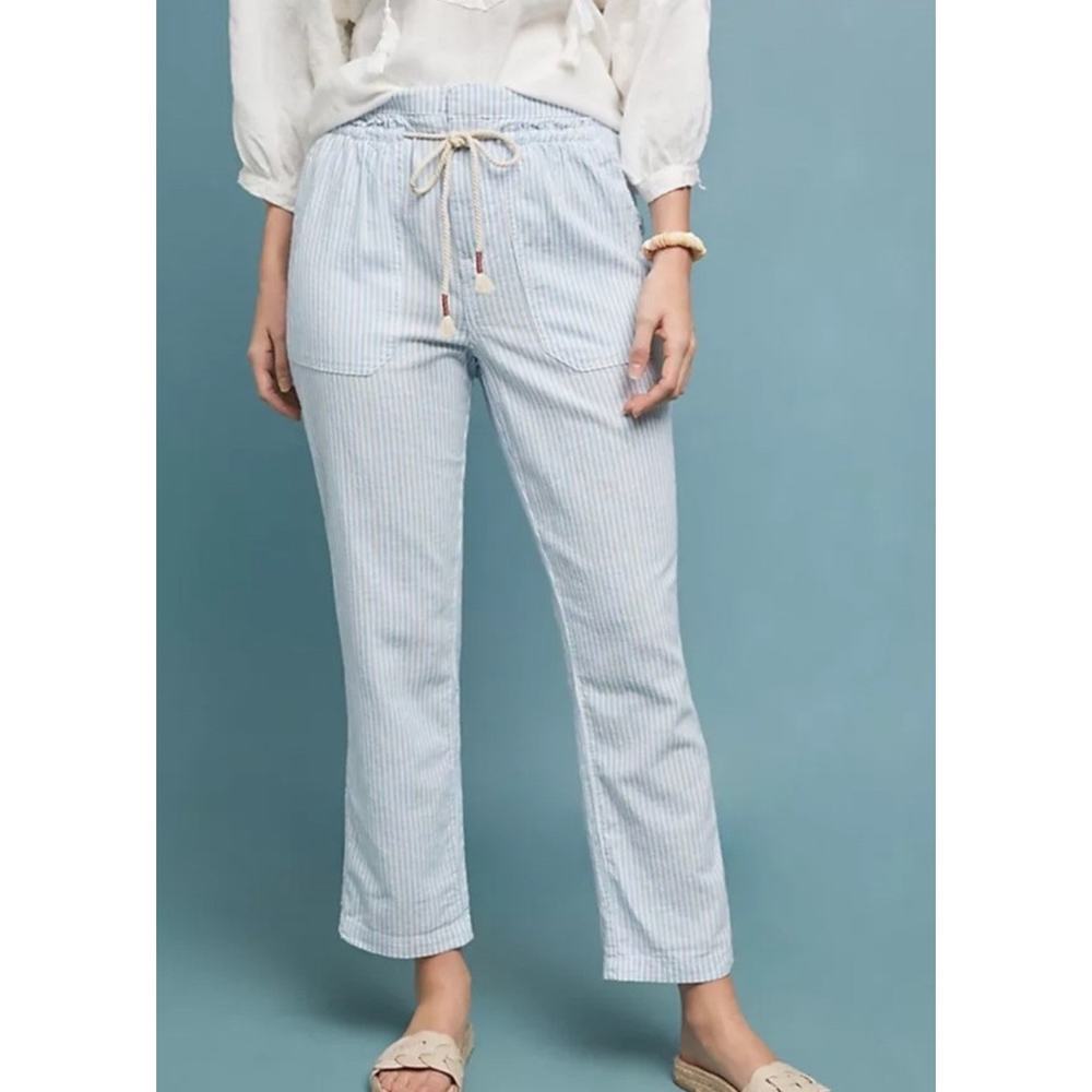 Anthropologie Seashore Linen Blend Pants Women‎ XS Blue Striped Rope Belt Crop